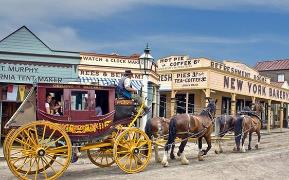 A horse drawn carriage with horses Description automatically generated