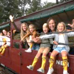 A group of people on a train Description automatically generated