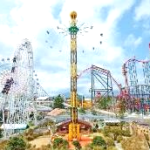 A group of roller coasters and a ferris wheel Description automatically generated