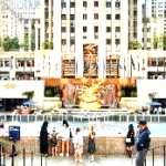A group of people standing in front of a fountain with Rockefeller Center in the background Description automatically generated